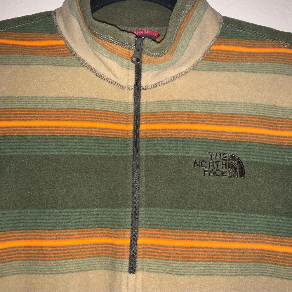 The North Face Olive Green Tan and Orange Striped Half-Zip Pullover